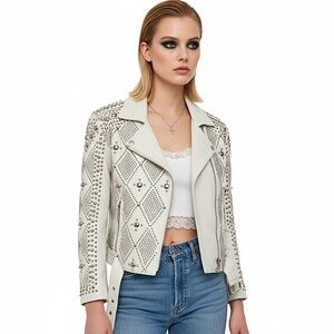NOUR HAMMOUR White Studded Lambskin Leather Moto Jacket Women's 42 US Size 10